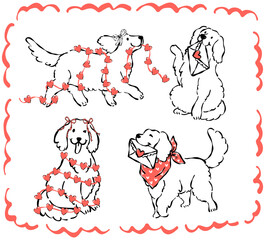 Whimsical Coquette Valentine Golden Retriever Dog Outline Line Art Hand Drawn with Love Letter and Heart Garland Set