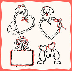 Whimsical Coquette Valentine Golden Retriever Dog with Frames and heart glassses Outline Line Art Hand Drawn