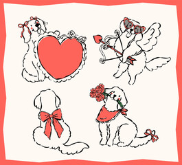 Whimsical Coquette Valentine Golden Retriever Dog Outline Line Art Hand Drawn with roses flowers, heart and cupid