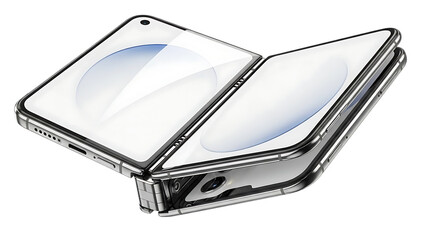 A sleek modern foldable smartphone is displayed showcasing its innovative hinge design and expansive luminous screen