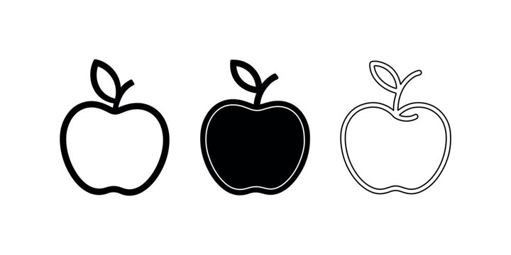 Apple fruit icons set vector illustration showing healthy nutrition food in three different styles outline filled and line art isolated design element