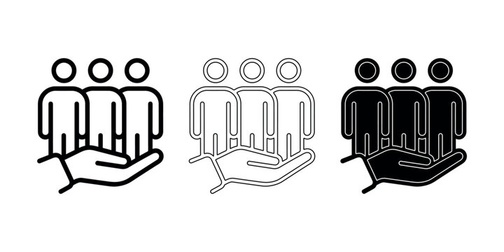 People care help icon vector set line outline glyph flat style group of three persons standing on hand symbol for human resource support service