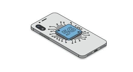 Isometric illustration of a smartphone back with a central 5G circuit chip
