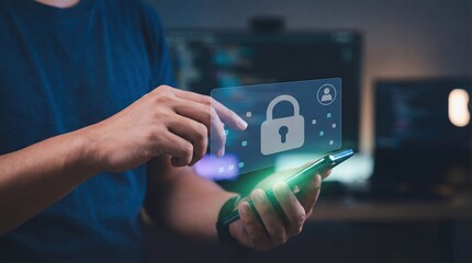 Man interacting with smartphone displaying digital security lock icon for data protection and cybersecurity concept in dark environment