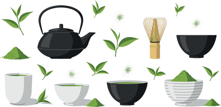 Set of matcha green tea ceremony elements with teapot, bamboo whisk, bowls and green tea leaves