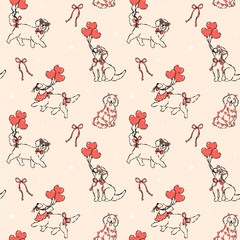 Whimsical Coquette Valentine Seamless Pattern Golden Retriever Dog with Heart Balloons Outline Line Art Hand Drawn