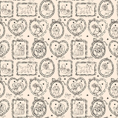 Whimsical coquette valentine repeat background with golden retriever illustration vintage frame details and minimal black line style
