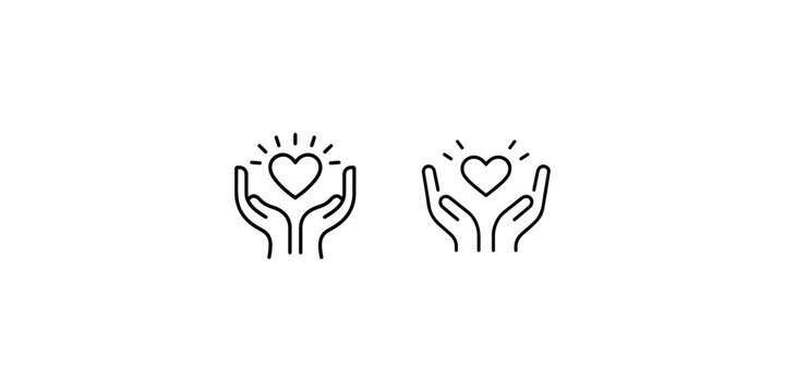 Hands holding a heart icon in black and white line art with two variations showing different styles on a clean white background