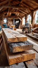Obraz premium A stack of rough pine boards sits in a cluttered carpenter's workshop, surrounded by various woodworking tools and equipment. The rustic lumber is ready for use in building projects.
