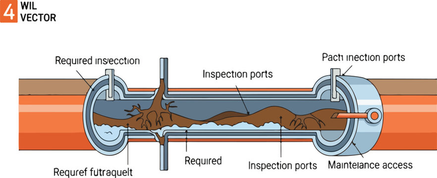 A detailed illustration of a corroded pipe's internal inspection ports and maintenance access via RJ Whisk Auto technology