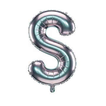 A shimmering silver letter s shaped foil balloon against a stark black background creating a striking visual