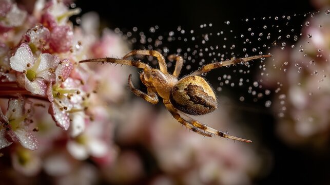 Close-Up of a Spider on Delicate Flowers with Droplets of Water Highlighting Nature's Intricate Beauty and Outdoor Environment