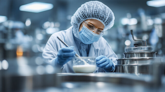 Food scientist testing dairy product quality in laboratory with sterile equipment