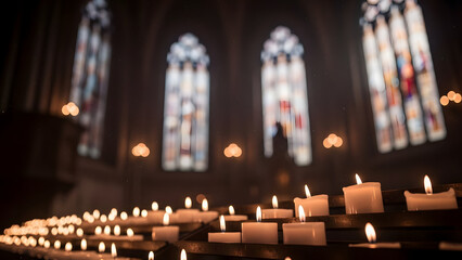Candlelit church interior with stained glass windows