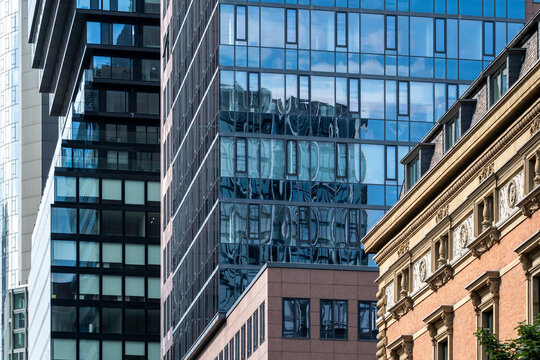 Frankfurt Germany finance business corporate skyscraper architecture office modern downtown historic facade with ornate details beside modern skyscraper