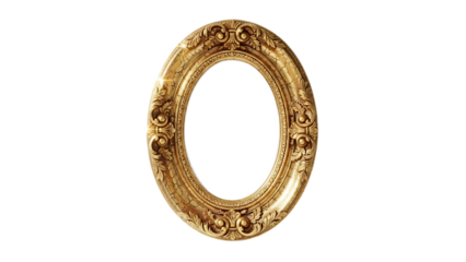 Golden ornate oval frame with intricate designs on a black background for photography or art display purposes easily