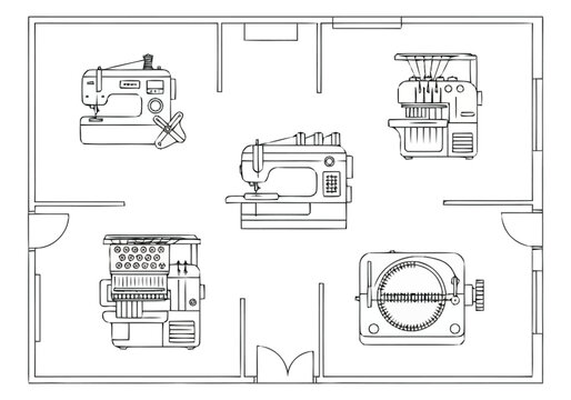 Illustrative Top View Of Small Atelier Workspace Layout Featuring Multiple Sewing Embroidery Machines For Fabric Crafting Production Studio layout