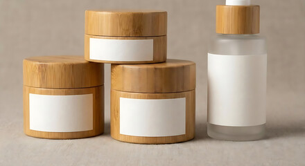 Unbranded Bamboo Skincare Bottles with Natural Green Leaves and Spa Concept