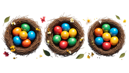 Easter sunday celebration with colorful eggs in nests isolated on transparent background