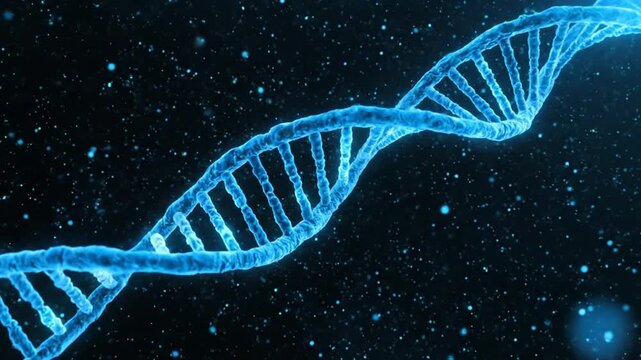 Glowing DNA helix structure with black background.