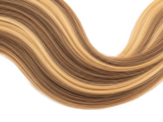 A wavy bundle of brown and blonde hair extensions on transparent background