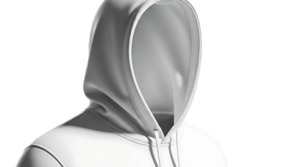 A stark white hooded sweatshirt dominates the frame obscuring the face and creating a sense of mystery and anonymity