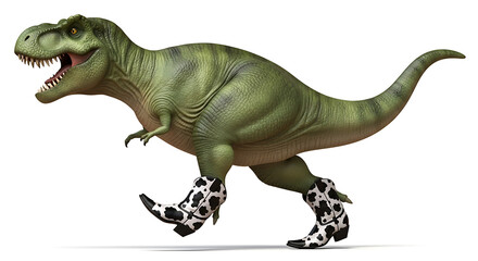 A green dinosaur wearing cow print boots and running on a plain background