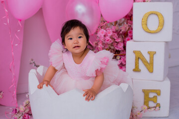Fototapeta premium First yearbirthday girl baby pink decor