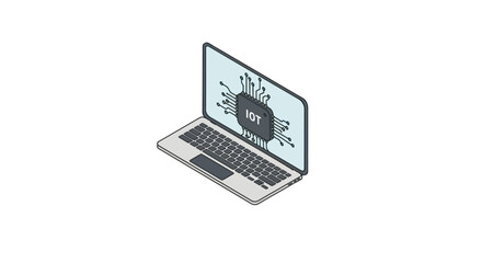 Isometric laptop displaying a central microchip labeled IOT on its screen