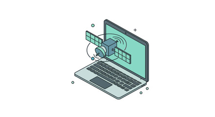 Isometric laptop displaying a satellite connection with transmission waves