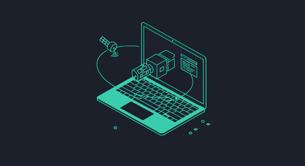 Isometric line art of a laptop connecting to a satellite via a modular device