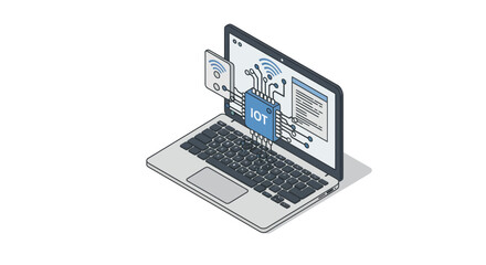 Isometric laptop with a central IOT chip and wireless device illustration