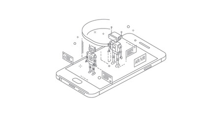 Isometric line art of robots projected from a smartphone screen labeled ARVR