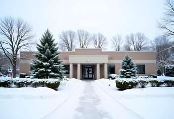 Business park office building entrance in winter with snow