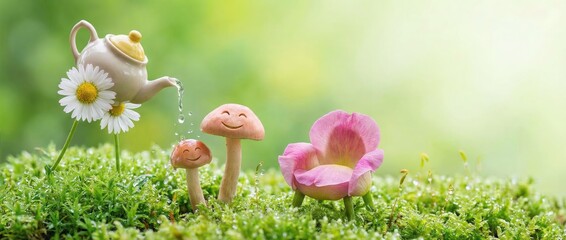 Playful watering of cheerful mushrooms and flowers enchanted garden photography tranquil nature close-up whimsical imagination