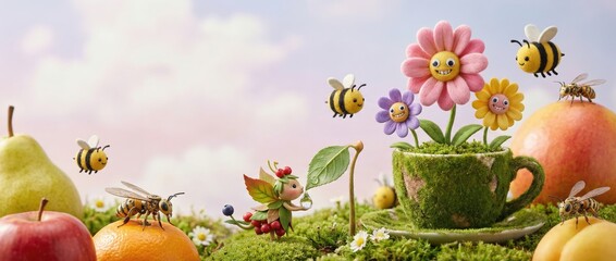 Whimsical fairy gathering among colorful flowers and friendly bees enchanted garden fantasy scene serene environment playful viewpoint nature's harmony