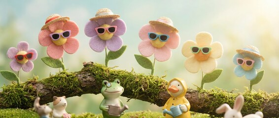 Playful frogs and colorful flowers celebrate spring in a whimsical garden capturing joyful moments in a cheerful nature scene bright light and vibrant colors close-up view