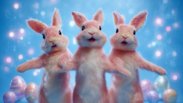 Easter party: Easter bunnies dancing surrounded by colorful Easter eggs, an animated video for greeting cards, festive events, and Easter celebrations.