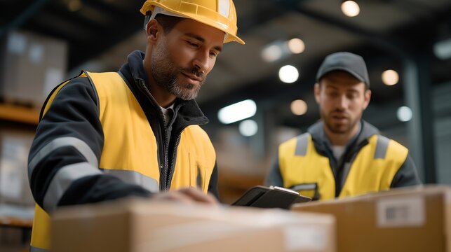 Busy warehouse workers are seen preparing a large shipment for dispatch, stacking pallets and verifying orders to ensure logistics accuracy. cinematic color correction, natural uneven lighting yet - Powered by Adobe