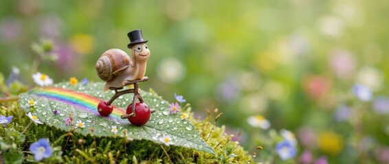 Whimsical snail riding cherry-picked bicycle on leaf enchanted forest playful scene vibrant flora close-up perspective imagination in nature