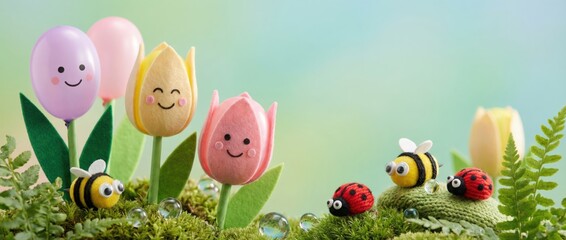 Cheerful spring garden scene featuring colorful flowers and cute insects nature still life photography soft focus background whimsical concept for family-friendly decor