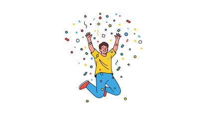 Person jumping in air amidst colorful falling confetti and streamers
