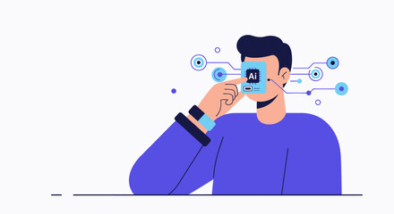 Person touching an AI microchip placed near their eye connected by circuits