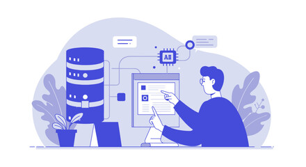 Person interacting with a computer connected to a server and AI chip