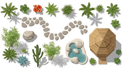 Serene tropical garden with pond and thatched hut isolated on white background