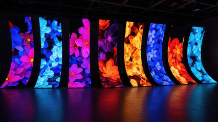 Vibrant Abstract Digital Art Displayed on Curved Screens.