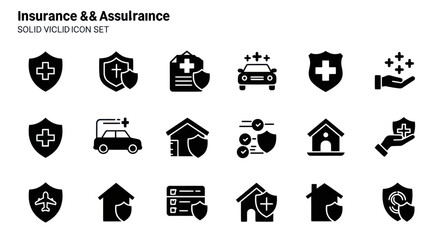Set of 15 solid black insurance and assurance icons in a 3x5 grid
