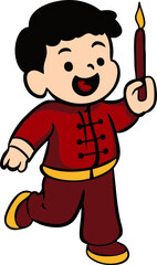 Fototapeta premium Delighted young boy in traditional red Chinese attire celebrates a festive occasion, holding a bright candle with a big smile, a charming cartoon illustration