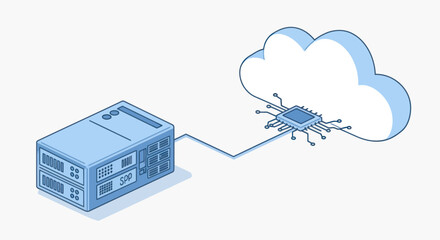 Server rack connected to a cloud icon featuring a microchip