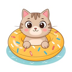 Adorable cartoon kitten playfully floats on a colorful sprinkled donut float in water